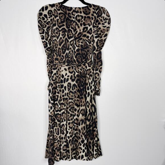 Eliza J 4P Petite Leopard Print Long Sleeve Midi Dress in Animal Brown Black - Picture 2 of 12